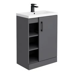 Apollo2 605mm Gloss Grey Open Shelf Floor Standing Vanity Unit w. Matt Black Handle
