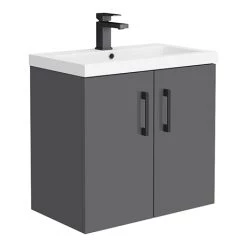 Apollo2 605mm Gloss Grey Wall Hung Vanity Unit w. Matt Black Handles