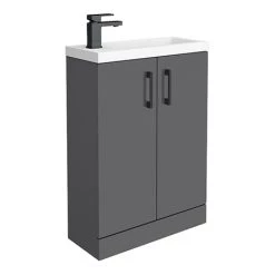 Apollo2 605mm Gloss Grey Compact Floor Standing Vanity Unit w. Matt Black Handles