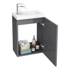 Apollo2 405mm Gloss Grey Compact Wall Hung Vanity Unit w. Matt Black Handle -Victorian Plumbing Shop APC2GWH4MB d3 460
