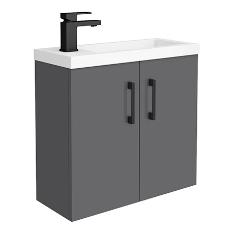 APC2GWH6MB_p.jpg Apollo2 605mm Gloss Grey Compact Wall Hung Vanity Unit w. Matt Black Handles -Victorian Plumbing Shop APC2GWH6MB p