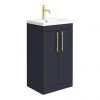 Arezzo Floor Standing Vanity Unit - Matt Blue - 500mm with Industrial Style Brushed Brass Handles