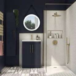 Arezzo Floor Standing Vanity Unit - Matt Blue - 600mm with Industrial Style Brushed Brass Handles -Victorian Plumbing Shop AZB6FSVBBIS d3 460