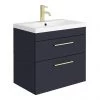 Arezzo 600 Matt Blue Wall Hung 2-Drawers Vanity Unit with Brushed Brass Handles
