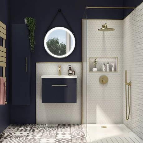 AZB6WHVBBIS_d4_460.jpg Arezzo Wall Hung Vanity Unit - Matt Blue - 600mm with Industrial Style Brushed Brass Handle -Victorian Plumbing Shop AZB6WHVBBIS d4 460