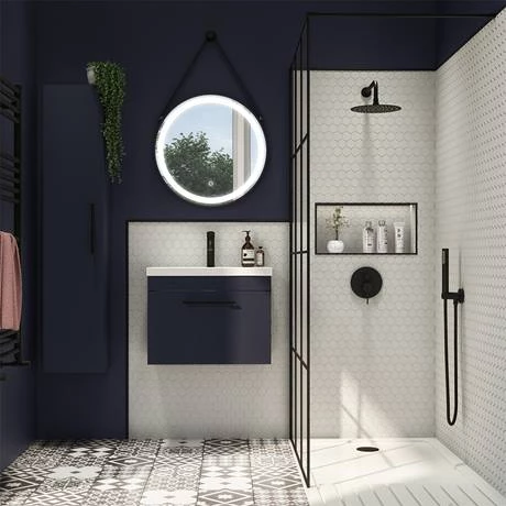 AZB6WHVBKIS_d3_460.jpg Arezzo Wall Hung Vanity Unit - Matt Blue - 600mm with Industrial Style Black Handle -Victorian Plumbing Shop AZB6WHVBKIS d3 460