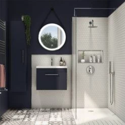 Arezzo Wall Hung Vanity Unit - Matt Blue - 600mm with Industrial Style Chrome Handle 3 Arezzo Wall Hung Vanity Unit - Matt Blue - 600mm with Industrial Style Chrome Handle -Victorian Plumbing Shop AZB6WHVCHIS d3 460
