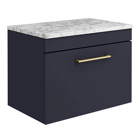 AZB6WHWBBM-p.jpg Arezzo Wall Hung Countertop Vanity Unit - Matt Blue - 600mm w. Matt White Marble Worktop & Brass Handle -Victorian Plumbing Shop AZB6WHWBBM p