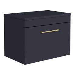 Arezzo Wall Hung Countertop Vanity Unit - Matt Blue - 600mm with Brushed Brass Handle