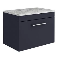Arezzo Wall Hung Countertop Vanity Unit - Matt Blue - 600mm w. Matt White Marble Worktop & Chrome Handle