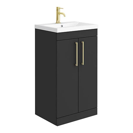 AZBL5FSVBB_P.jpg Arezzo 500 Matt Black Floor Standing Vanity Unit with Brushed Brass Handles -Victorian Plumbing Shop AZBL5FSVBB P