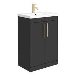 Arezzo 600 Matt Black Floor Standing Vanity Unit with Brushed Brass Handles