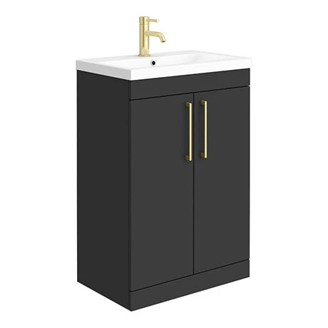 AZBL6FSVBB_P.jpg Arezzo 600 Matt Black Floor Standing Vanity Unit with Brushed Brass Handles -Victorian Plumbing Shop AZBL6FSVBB P