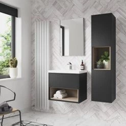 Arezzo Senza 500mm Matt Black / Vicenza Oak Wall Hung Vanity Unit with Open Shelf + Ceramic Basin -Victorian Plumbing Shop AZBLAVO5 d1 460