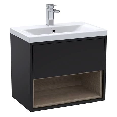 AZBLAVO6-d2_460.jpg Arezzo Senza 600mm Matt Black / Vicenza Oak Wall Hung Vanity Unit with Open Shelf + Ceramic Basin -Victorian Plumbing Shop AZBLAVO6 d2 460
