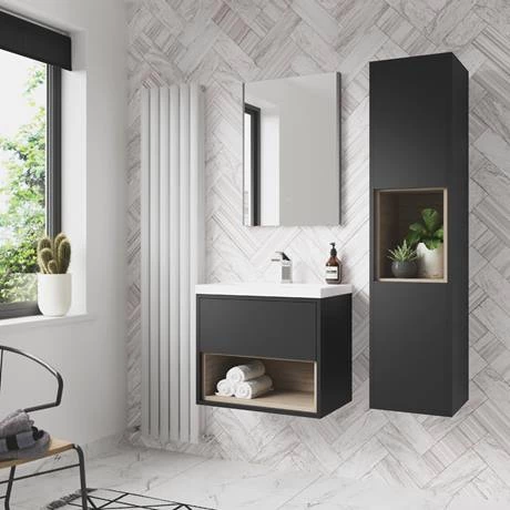 AZBLAVO6-d3_460.jpg Arezzo Senza 600mm Matt Black / Vicenza Oak Wall Hung Vanity Unit with Open Shelf + Ceramic Basin -Victorian Plumbing Shop AZBLAVO6 d3 460