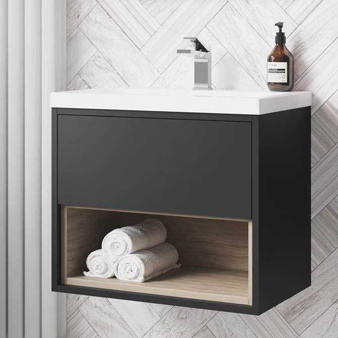 AZBLAVO6-lrg01_670.jpg Arezzo Senza 600mm Matt Black / Vicenza Oak Wall Hung Vanity Unit with Open Shelf + Ceramic Basin -Victorian Plumbing Shop AZBLAVO6 lrg01 670