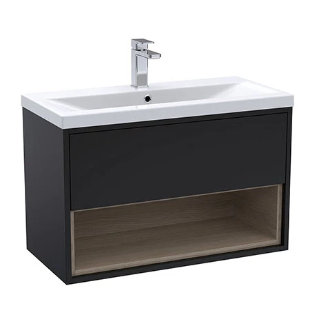 AZBLAVO8_P.jpg Arezzo Senza 800mm Matt Black / Vicenza Oak Wall Hung Vanity Unit with Open Shelf + Ceramic Basin -Victorian Plumbing Shop AZBLAVO8 P