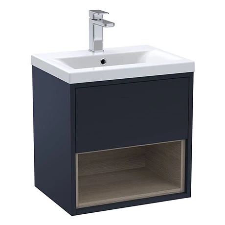 AZBLUVO5_P.jpg Arezzo Senza 500mm Matt Blue / Vicenza Oak Wall Hung Vanity Unit with Open Shelf + Ceramic Basin -Victorian Plumbing Shop AZBLUVO5 P