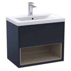 Arezzo Senza 600mm Matt Blue / Vicenza Oak Wall Hung Vanity Unit with Open Shelf + Ceramic Basin -Victorian Plumbing Shop AZBLUVO6 d2 460