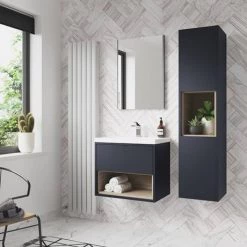 Arezzo Senza 600mm Matt Blue / Vicenza Oak Wall Hung Vanity Unit with Open Shelf + Ceramic Basin -Victorian Plumbing Shop AZBLUVO6 d3 460