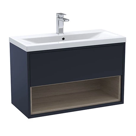 AZBLUVO8_P.jpg Arezzo Senza 800mm Matt Blue / Vicenza Oak Wall Hung Vanity Unit with Open Shelf + Ceramic Basin -Victorian Plumbing Shop AZBLUVO8 P