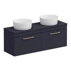 Arezzo Matt Blue Wall Hung Double Countertop Vanity Unit incl. 2 Basins (1200mm w. Brushed Brass Handles) -Victorian Plumbing Shop AZBWHBB12RB detail3 460