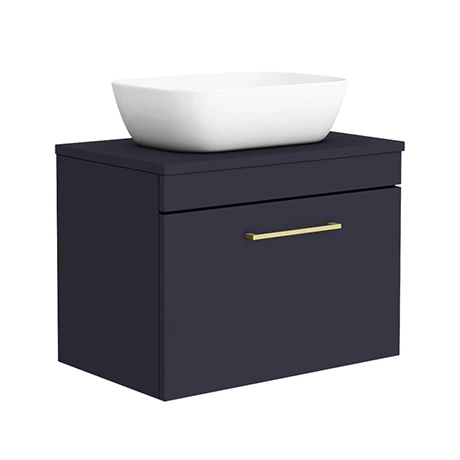 AZBWHBB465-p.jpg Arezzo Wall Hung Countertop Basin Unit - Blue with Brushed Brass Handle - 600mm inc. Basin -Victorian Plumbing Shop AZBWHBB465 p
