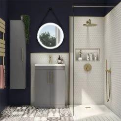 Arezzo Floor Standing Vanity Unit - Matt Grey - 500mm with Industrial Style Brushed Brass Handles -Victorian Plumbing Shop AZG5FSVBBIS D3 460