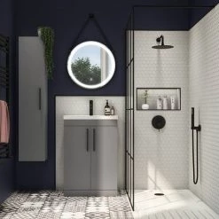 Arezzo Floor Standing Vanity Unit - Matt Grey - 500mm with Industrial Style Black Handles 3 Arezzo Floor Standing Vanity Unit - Matt Grey - 500mm with Industrial Style Black Handles -Victorian Plumbing Shop AZG5FSVMBIS d3 460