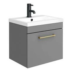 Arezzo 500 Matt Grey Wall Hung 1-Drawer Vanity Unit with Brushed Brass Handle