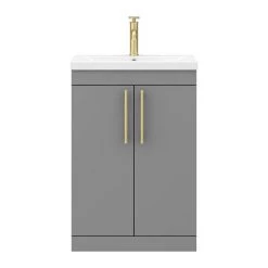 Arezzo Floor Standing Vanity Unit - Matt Grey - 600mm with Industrial Style Brushed Brass Handles -Victorian Plumbing Shop AZG6FSVBBIS d5 460
