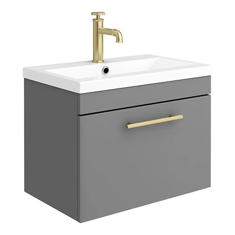 AZG6WHVBBIS_p.jpg Arezzo Wall Hung Vanity Unit - Matt Grey - 600mm with Industrial Style Brushed Brass Handle -Victorian Plumbing Shop AZG6WHVBBIS p