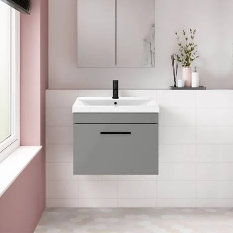 AZG6WHVBK_d2_460.jpg Arezzo 600 Matt Grey Wall Hung 1-Drawer Vanity Unit with Matt Black Handle -Victorian Plumbing Shop AZG6WHVBK d2 460