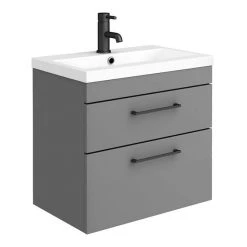 Arezzo 600 Matt Grey Wall Hung 2-Drawers Vanity Unit with Matt Black Handles