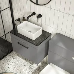 Arezzo Wall Hung Countertop Vanity Unit - Matt Grey - 600mm with Black Worktop & Matt Black Handle -Victorian Plumbing Shop AZG6WHWMBB d4 460