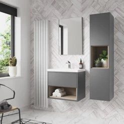 Arezzo Senza 600mm Matt Grey / Vicenza Oak Wall Hung Vanity Unit with Open Shelf + Ceramic Basin 3 Arezzo Senza 600mm Matt Grey / Vicenza Oak Wall Hung Vanity Unit with Open Shelf + Ceramic Basin -Victorian Plumbing Shop AZGREVO6 D2A 460