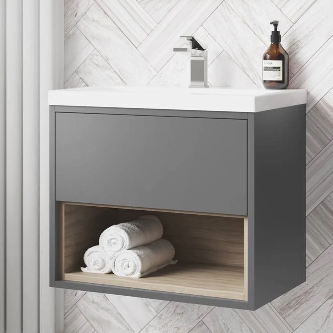 AZGREVO6_LRG_670.jpg Arezzo Senza 600mm Matt Grey / Vicenza Oak Wall Hung Vanity Unit with Open Shelf + Ceramic Basin -Victorian Plumbing Shop AZGREVO6 LRG 670