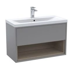 Arezzo Senza 800mm Matt Grey / Vicenza Oak Wall Hung Vanity Unit with Open Shelf + Ceramic Basin