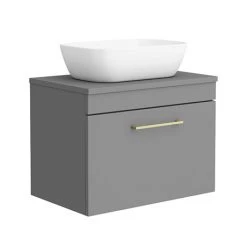 Arezzo Wall Hung Countertop Basin Unit - Grey with Brushed Brass Handle - 600mm inc. Basin
