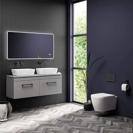 AZGWHMB12B_d4_460.jpg Arezzo Matt Grey Wall Hung Double Countertop Vanity Unit incl. 2 Basins (1200mm w. Matt Black Handles) -Victorian Plumbing Shop AZGWHMB12B d4 460