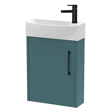 AZMG4WHMBLH-M.jpg Arezzo Matt Teal Green 450mm 1TH Wall Hung Cloakroom Vanity Unit with Matt Black Handle -Victorian Plumbing Shop AZMG4WHMBLH M