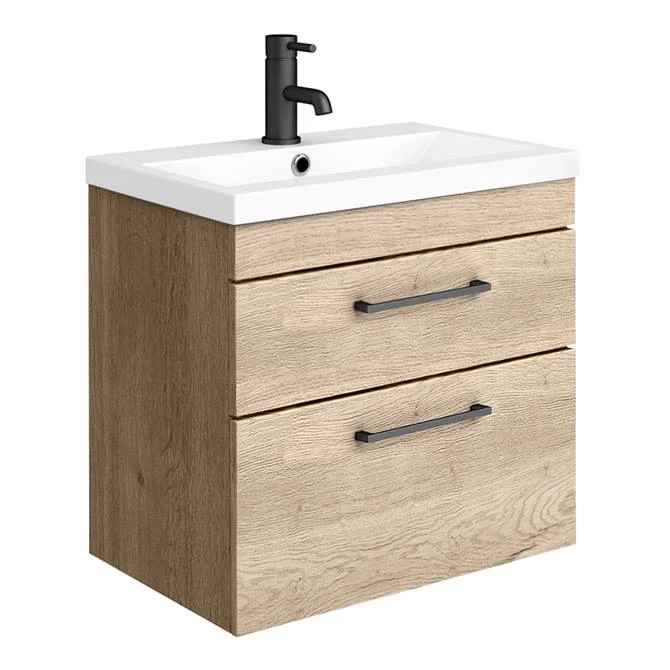 AZO6WHVMB2D_lrg_670.jpg Arezzo 600 Rustic Oak Wall Hung 2-Drawers Vanity Unit with Matt Black Handles -Victorian Plumbing Shop AZO6WHVMB2D lrg 670