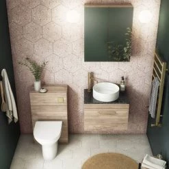 Arezzo Wall Hung Countertop Vanity Unit - Rustic Oak - 600mm with Black Worktop & Brushed Brass Handle -Victorian Plumbing Shop AZO6WHWBBB d4 460