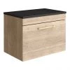 Arezzo Wall Hung Countertop Vanity Unit - Rustic Oak - 600mm with Black Worktop & Brushed Brass Handle