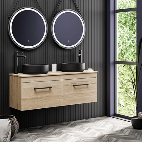 AZOWHMB12RBB_p.jpg Arezzo Rustic Oak Wall Hung Double Countertop Vanity incl. 2 Matt Black Basins (1200mm w. Black Handles) -Victorian Plumbing Shop AZOWHMB12RBB p