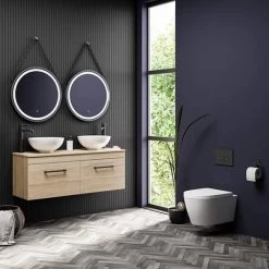 Arezzo Rustic Oak Wall Hung Double Countertop Vanity Unit incl. 2 Basins (1200mm w. Matt Black Handles) 5 Arezzo Rustic Oak Wall Hung Double Countertop Vanity Unit incl. 2 Basins (1200mm w. Matt Black Handles) -Victorian Plumbing Shop AZOWHMB12RB d6 460