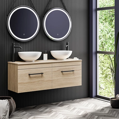 AZOWHMB12RB_p.jpg Arezzo Rustic Oak Wall Hung Double Countertop Vanity Unit incl. 2 Basins (1200mm w. Matt Black Handles) -Victorian Plumbing Shop AZOWHMB12RB p