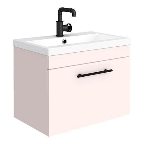 AZP6WHVBKIS-n-p.jpg Arezzo Wall Hung Vanity Unit - Matt Pink - 600mm with Industrial Style Black Handle -Victorian Plumbing Shop AZP6WHVBKIS n p