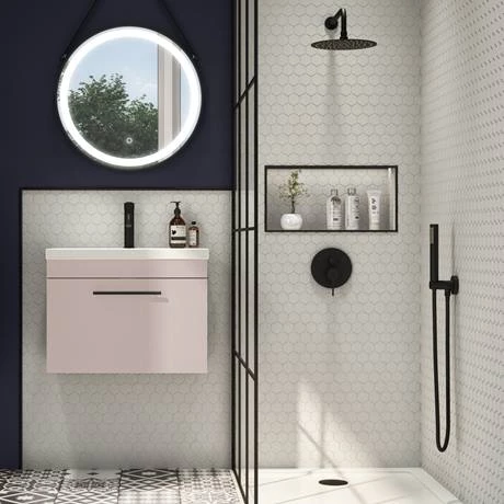 AZP6WHVBKIS_d3_460.jpg Arezzo Wall Hung Vanity Unit - Matt Pink - 600mm with Industrial Style Black Handle -Victorian Plumbing Shop AZP6WHVBKIS d3 460